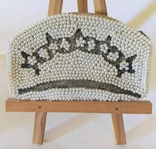 Handmade Evening Bag White Silver Faux Pearls Glass Beads Satin Lining Formal