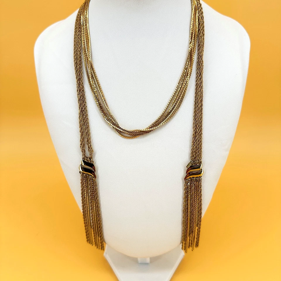 Vintage Monet Lariat Tassel Necklace Gold Tone Multi Chain Strand Long 41" - Image 2 of 4