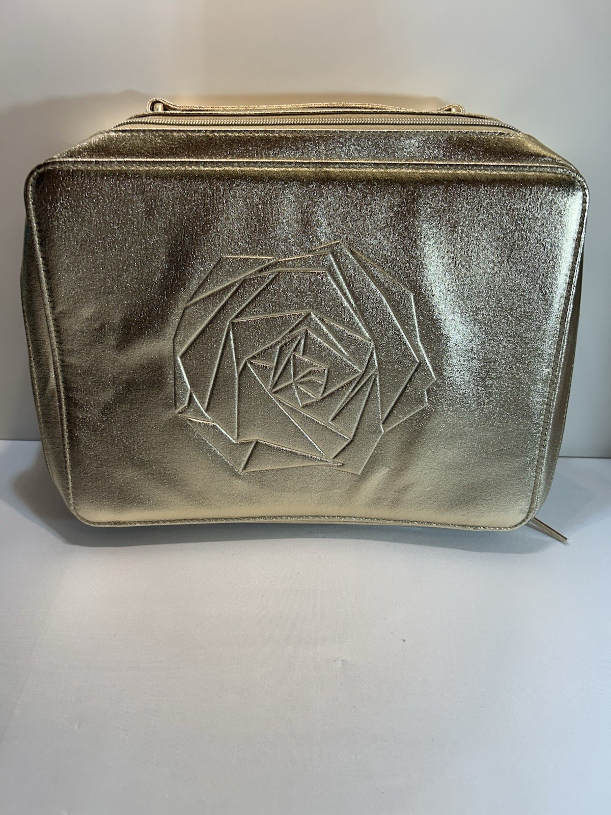 LANCOME Cosmetic Makeup Bag Womens Gold Embossed Rose Zip Case Large Travel