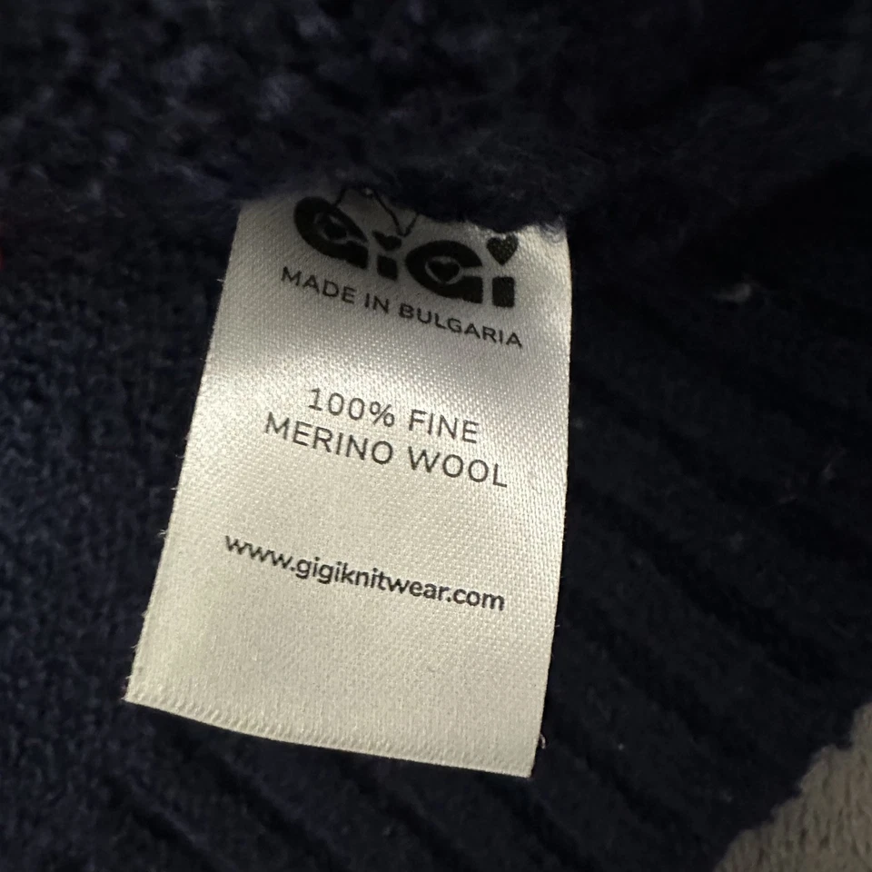 Gigi Mujer Merino Lana Recortada Suéter Talla Mediana Azul Rojo Corazón Patrón Foto 4 de 4