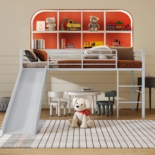 Loft Bed Single Size Low Loft Bed Steel Frame w/4-side Secure Guardrails