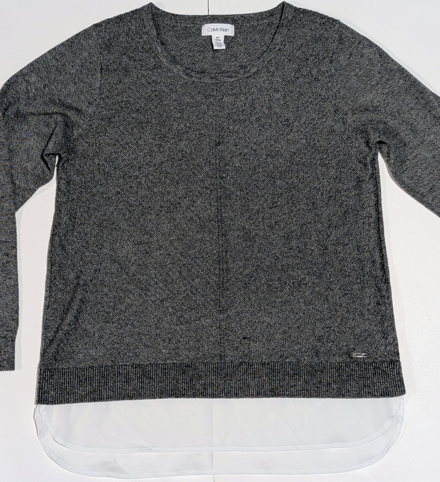 Calvin Klein Gray Knit Sweater With Sheer Bottom Women's M Crew Neck Long Sleeve