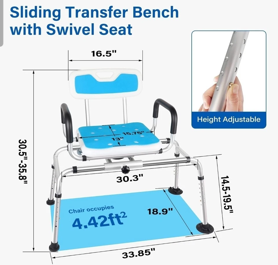 Silla de ducha deslizante, banco de transferencia de bañera ajustable en altura, ducha giratoria 360° Foto 2 de 4