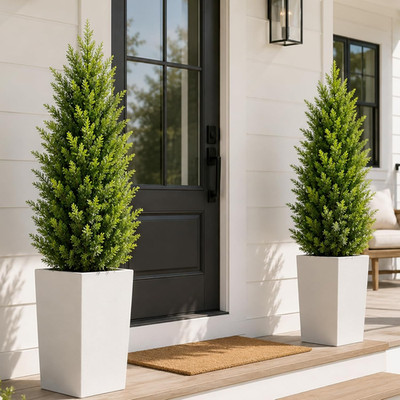 3FT Artificial Topiary Cedar Trees 2 Pack, UV-Resistant Outdoor Faux Pine Shrubs