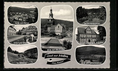 AK Helsa, Blick zur Kirche, Leipziger Straße, Gasthof König von Preußen, Lauten 