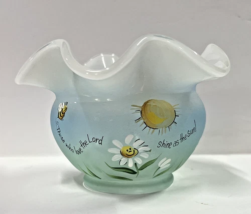 Vintage Fenton Ruffled Top Hand painted Vase Bee Smiling Daisy