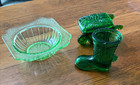 Very Rare Green Depression glass wheelbarrow with lid, boot, and small bowl. — photo 2