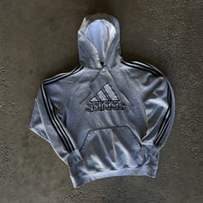 Vintage Adidas Grey Center Logo Embroidered Striped Hoodie Sweatshirt Size Large