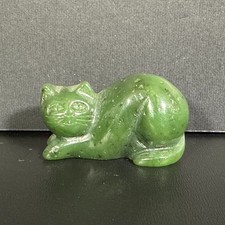Statuina vintage intagliata a mano verde scuro NEFRITE GIADA GATTO posa seduta riposa