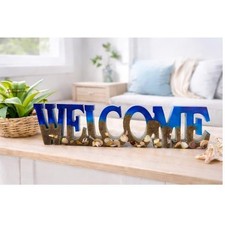 Beach Welcome Sign Handmade Resin Coastal Decor Seashell Sand Blue Tabletop Art