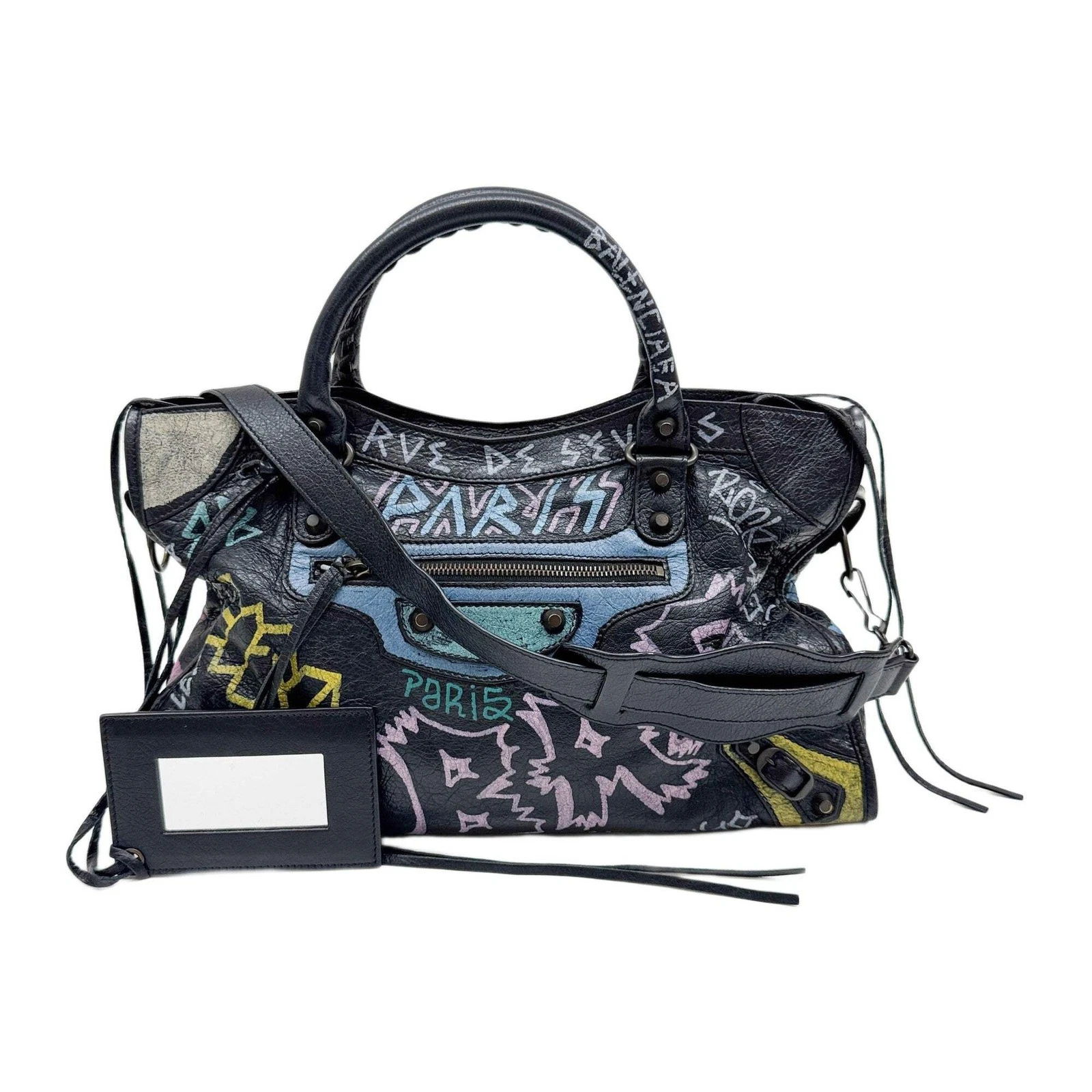 Balenciaga — BALENCIAGA The City Graffiti Black Leather Two Way Bag