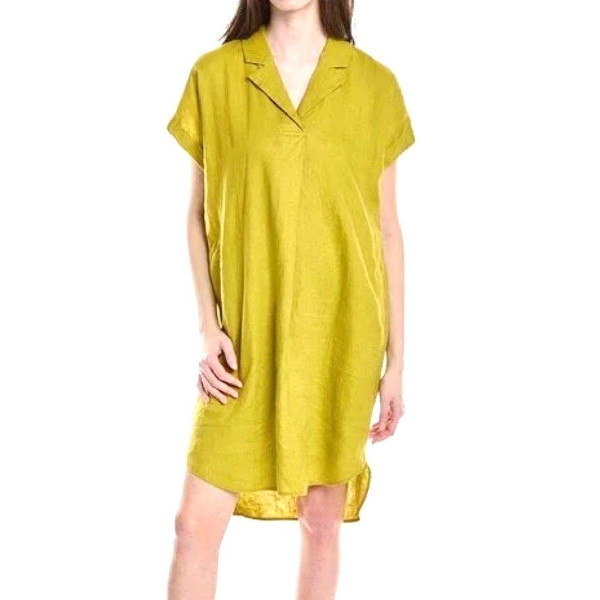 Eileen Fisher Linen Delave Notch Callar Shift Dress Chartreuse Pockets Relaxed