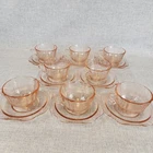 Federal Glass Madrid Pink Cups & Saucers Set of 8 – Some Chips – Depression Glas