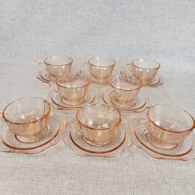Federal Glass Madrid Pink Cups & Saucers Set of 8   Some Chips   Depression Glas