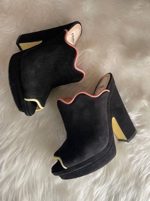 Fendi Wave Black Suede Leather  Platform Mules Sandals size 35.5