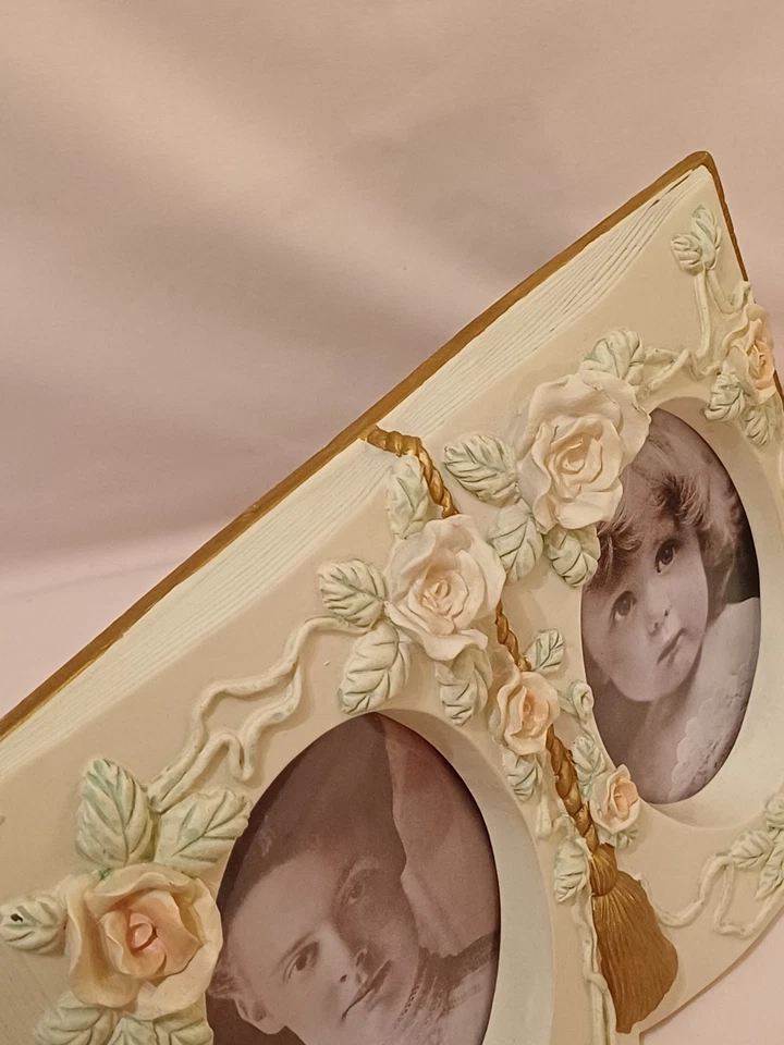 Vintage Cream & Gold Double Photo Frame Roses Design Shabby Chic 4x3 Inch Photos - Image 3 of 4