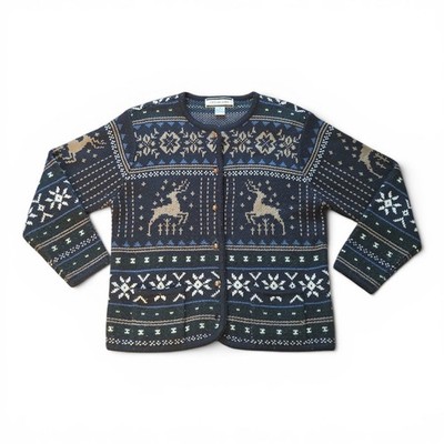 Vtg Crystal Kobe Blue Reindeer Cardigan Sweater Granny Core Womens Size Medium