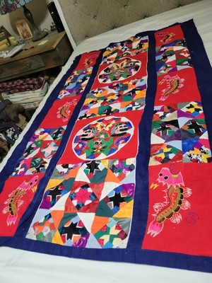 Vntg Handmade Chinese Bai Jia Bei Patchwork Quilt Double Sided 33×56'' For Repair