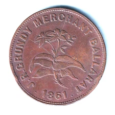 Australia - Token.  Grundy - 1861 1d..  Ballarat Vic.. Standing Figure..  VF/aVF