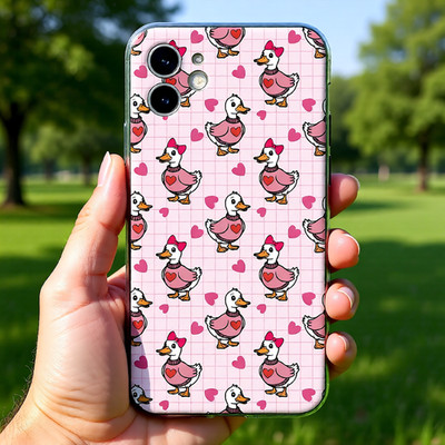 Süße Ente Handyhülle Rosa Kawaii Herz Muster Cover für iPhone Stoßfest 04