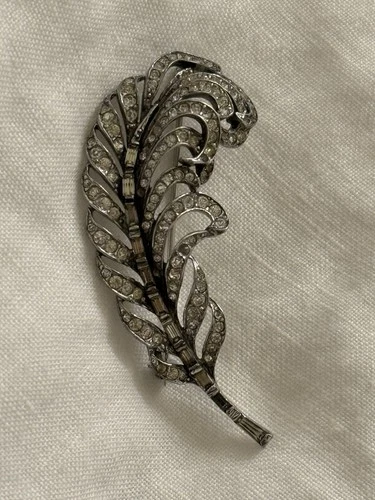 Vintage Crown Trifari Sterling Silver Rhinestone Feather Brooch Pin Jewelry 13g