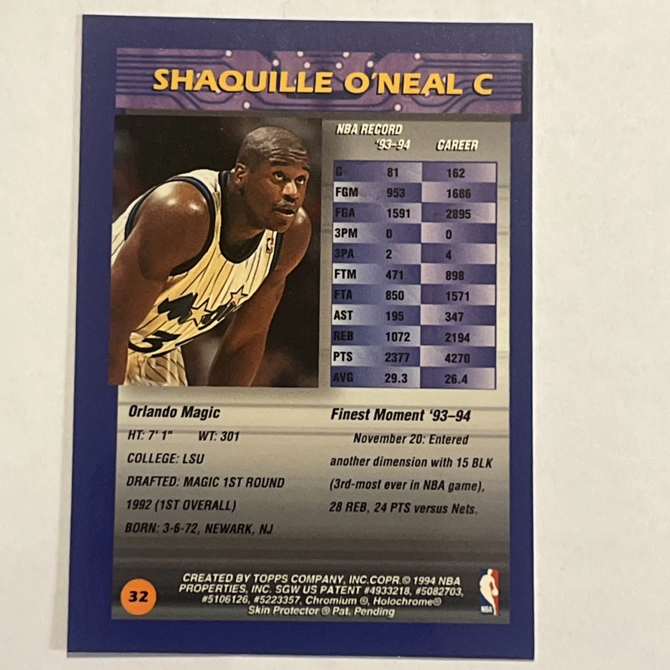 1994-95 Topps Finest - Refractor #32 Shaquille O'Neal Foto 3 de 3
