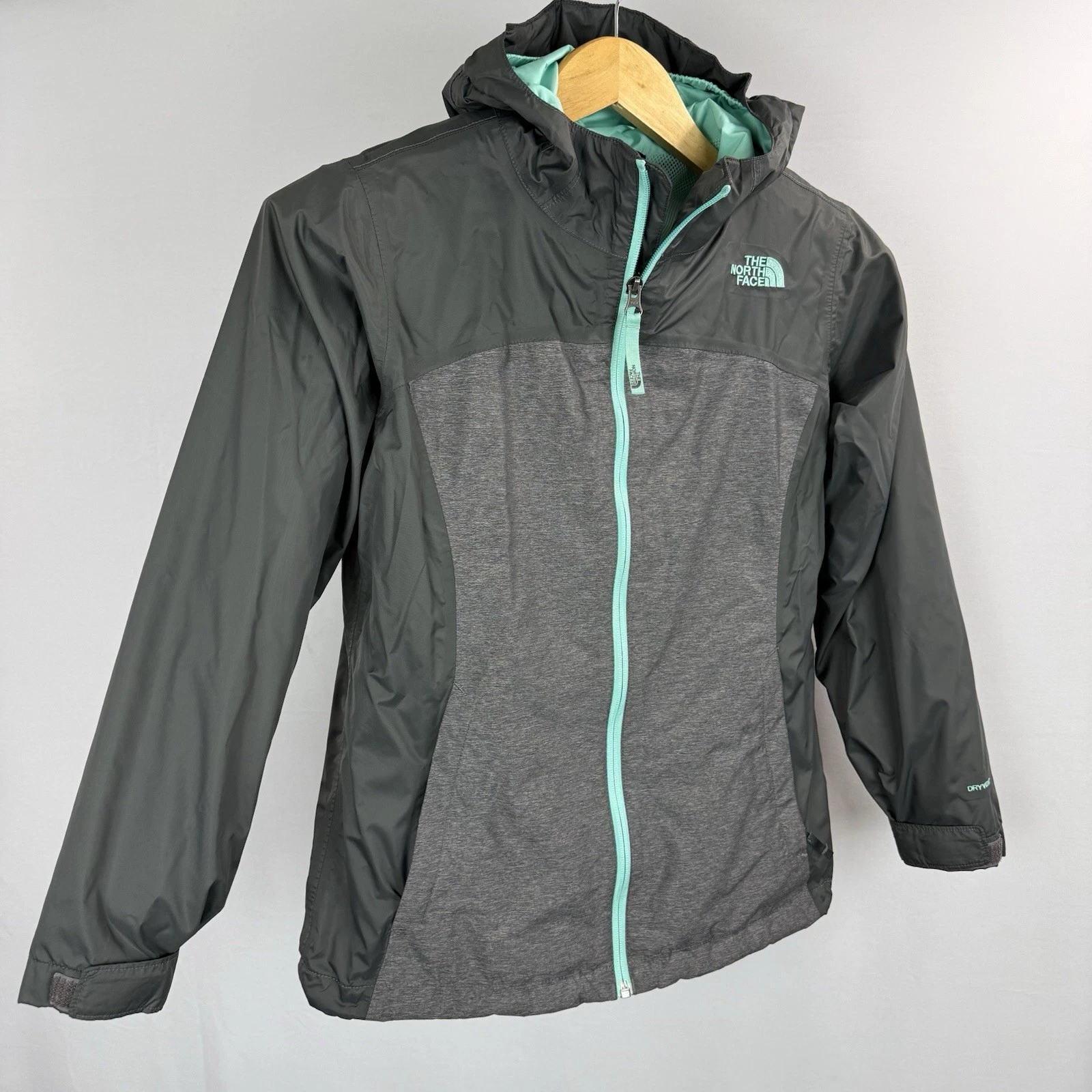 The North Face DryVent Jacket Girls Large 14/16 Gray Green Windbreaker Hooded