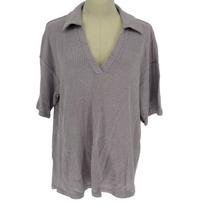 Open Edit Ribbed Knit Polo Top Purple V-Neck Short Sleeve Relaxed Large