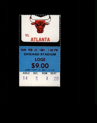 Feb. 22, 1981 Chicago Bulls vs. Atlanta Hawks - Chicago Stadium Ticket Stub