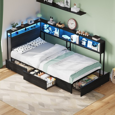 #ad Twin Corner Bed Frame with LED Headboard Charging Station Storage Drawers Bla $189.99