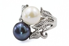 Contemporary Signed CFJ Silver Freshwater Pearl Dyed Black Pearl Ring Sz 7
