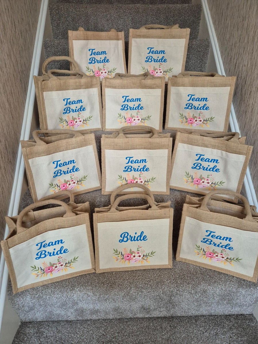 Personalised Wedding Bride Bridesmaid Jute Bag with front pocket Gift Bag  Party