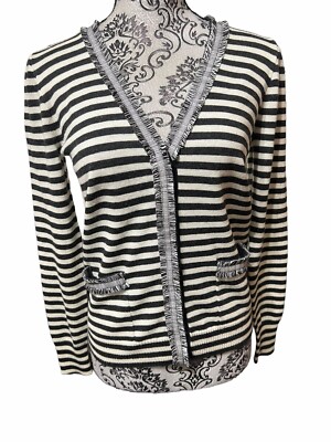 Crew Harlow Wool Cardigan Sweater Women’s Size XS Stripe Fringe V-Neck 