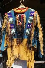 Men Old Style Native American Buffalo Beaded Fringe Powwow Regalia War Shirt