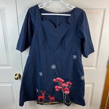 Women's Eshakti Custom Dress Blue Embroidered Deer Snowflakes Midi