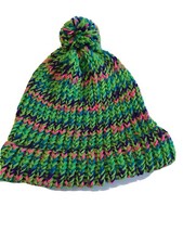 Adult- Teen Unisex Beanie Knit Hat Winter Stocking Cap Handmade Green Multicolor