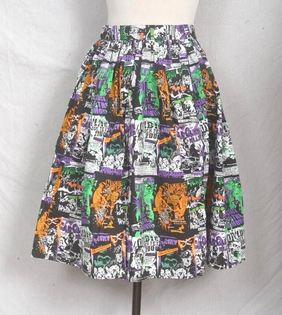 B-Movie Printed Retro Horror Skirt Hell Bunny Be Afraid Psychobilly Cotton Goth