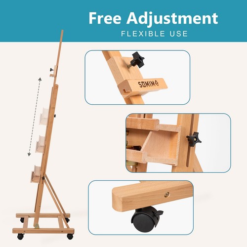 Beechwood H-Frame Studio Easel, Artist Easel with Wheels and Storage Tray, - Picture 5 of 8