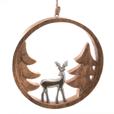 Wanddeko Deko Hänger Jagd / Advent *Hirsch / Tanne* Holz Aluminium silber Ø 19cm