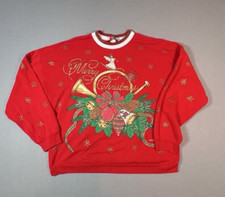 VTG Ugly Tacky Merry Christmas Sweatshirt Glitter Horn Angel Bells Womens Lg 90s