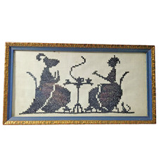 Antique Framed Victorian cross stitch tea time glit frame 5.75" x 10.75"