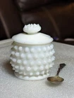 Vintage Fenton Milk Glass Hobnail Mustard Jar w/ Lid & Small Spoon