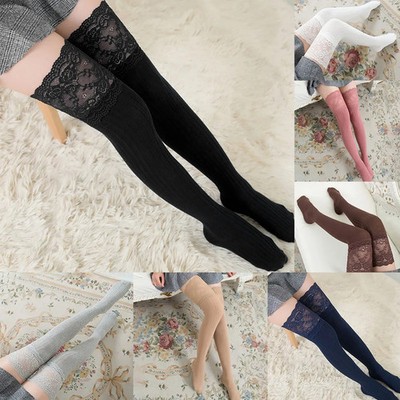 Sexy Women Floral Lace Patchwork Over Knee Thigh High Elastic Stockings Fashion 