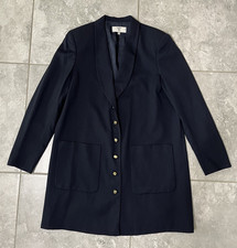 Valentino Miss V Wool Blend Button Long Blazer Jacket Navy Logo VTG Women 44 10