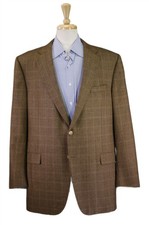 Hickey Freeman Legacy Brown Gold Windowpane Wool 2-Btn Sportcoat Blazer 46L