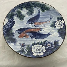 Vintage Japanese Sun Ceramics Toyo Koi Fish Lotus Dish Charger Plate 14 Inch