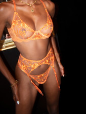 Orange Embroidered Lingerie Set Sheer Bra Garter Panty 3-Piece