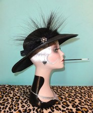 Vintage Black Church Hat w/ Feathers Rhinestone Brooch Kentucky Derby goth