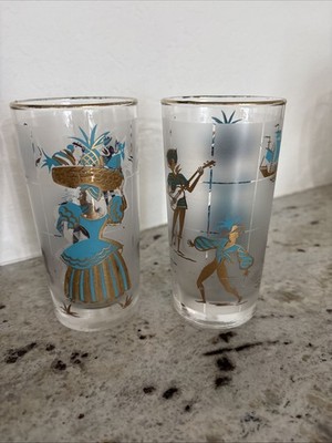 Vintage 1959 Libbey Calypso Frosted Drinking Glasses Caribbean Cruise Aqua Gold