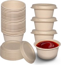 2 Oz Compostable Souffle Portion Cups with Fiber Lids - Condiment Paper Sample